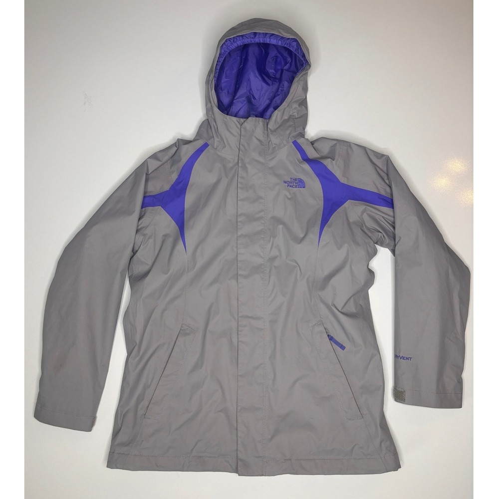 The North Face Girls XL 18 HyVent Rain Jacket Gray Purple Fleece Lined Hooded